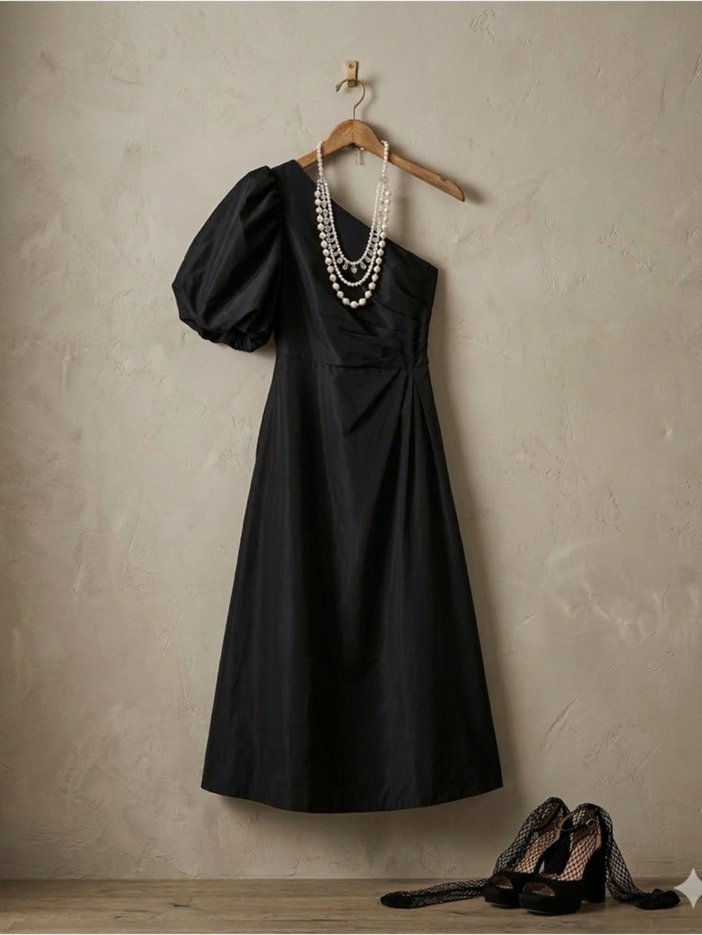 Anthropologie Aureta Studio One Shoulder Puff Sleeve Dress Black XS NWT